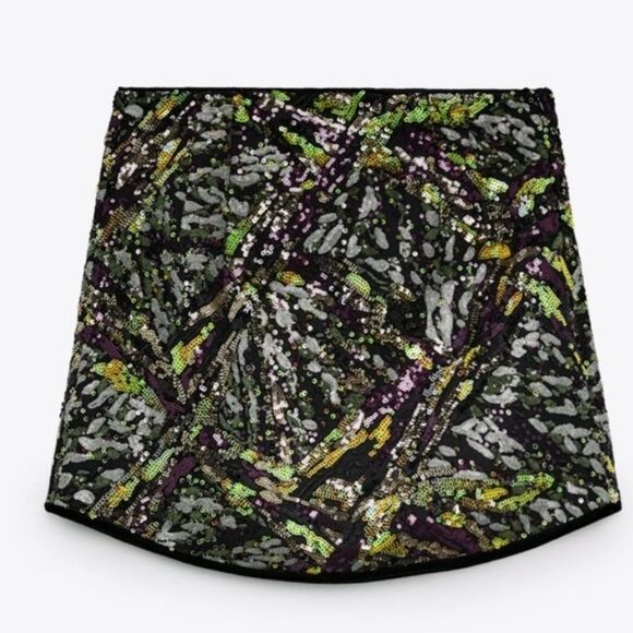NWT ZARA SEQUINED SKIRT MINI GREEN AND BLACK - Picture 11 of 15